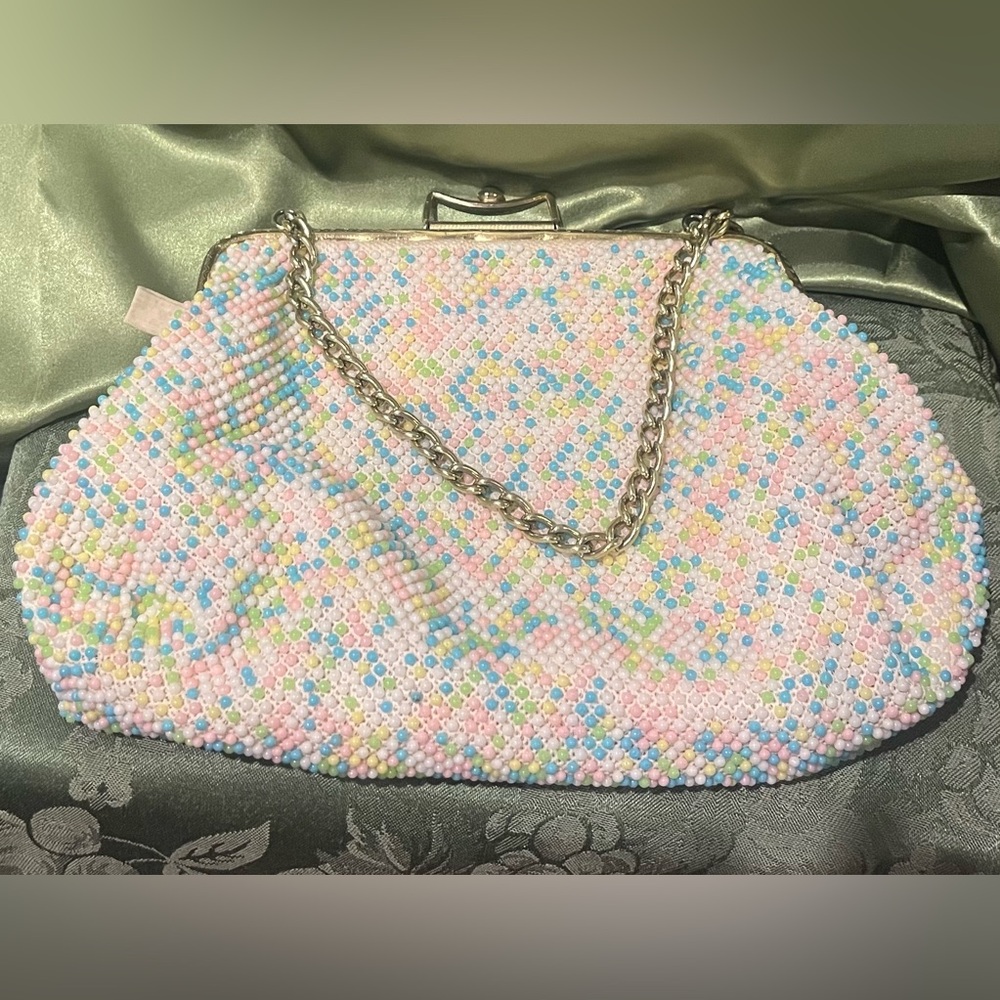 Pastel Beaded Reversible Clutch with Chain Strap